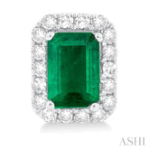 6x4 MM Octagonal Shape Emerald and 1/4 Ctw Round Cut Diamond Halo Precious Stud Earrings in 10K White Gold